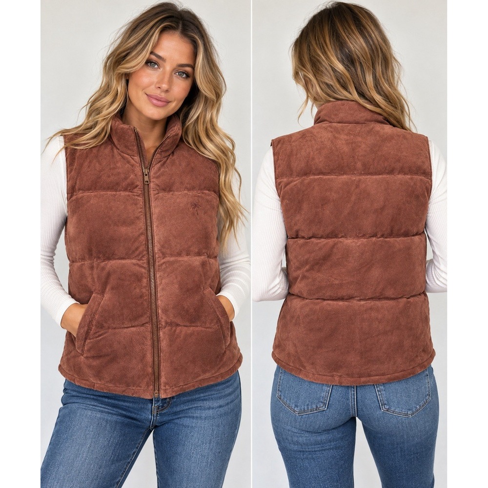Vintage Lilly Pulitzer Puffer Vest Womens M Bark Brown Pig Suede Leather NWT